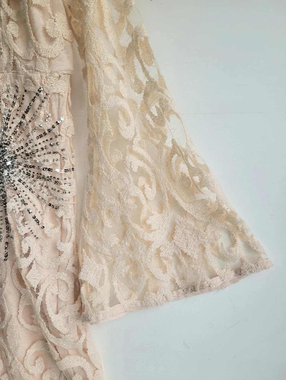 Free People Lace Embroidered Sequinned Long-Sleeve Mini Dress Cream 4 Boho